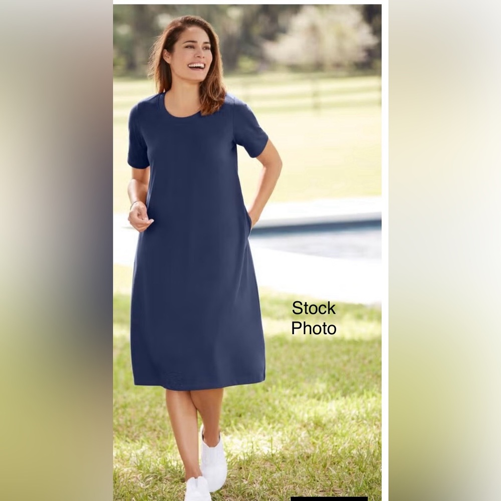Woman Within Classic Navy Tee Dress Crew Neck Short Sleeve With Pockets 1X